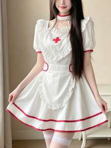 1PC Pure Cute Sweetheart Nurse Maid Uniform Lolita Cosplay Costume, Suitable For Cosplay Role Play, Holiday Party Performance, Valentine's Day, Date, Daily Wear - White - View 3