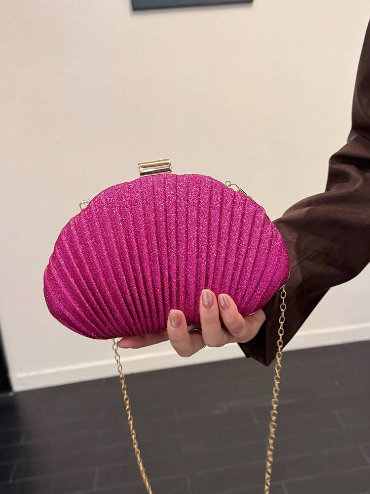 Dedoo Women's Evening Clutch Bag, Shell-Shaped Hard Shell Clutch, Vertical Pleated Shell Texture Pattern, Mermaid Style Portable Handbag, Suitable For Beach Wedding - Purple - View 2