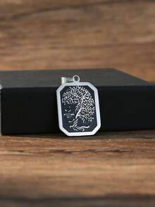 Minimal Retro Stainless Steel Necklace For Men, Rectangular Tree Of Life Pattern Pendant With Snake Chain, Daily Wear & Holiday Gifts - Silver - View 5