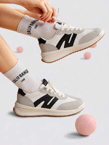 TCVC Color Block Stripe Decor Lace Up Sneakers, Retro Platform Low Top Casual Trainers, Women's Daily Walking Sports Shoes - Black - View 3