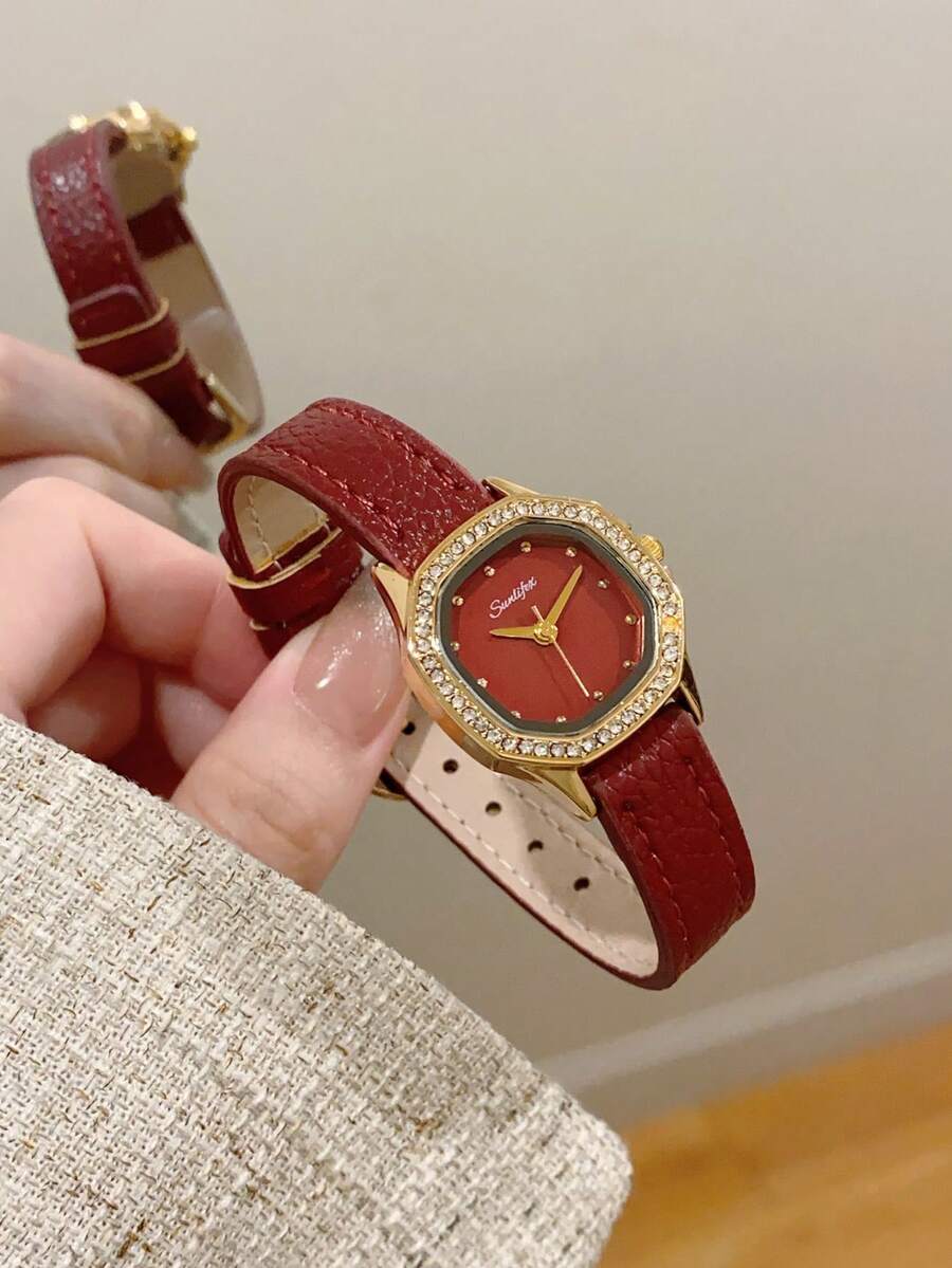 1pc Women's Fashion High-End Oval Roman Numeral Full Rhinestone Watch, Quartz Movement, Versatile Style - Red - View 1