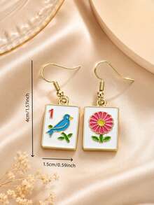 1 Pair Fashionable Fun Personalized Oil Drop Mahjong Dangle Earrings For Women, Bird And Flower Design, Suitable For Daily Commute And Party Wear, Game Party Themed Ear Jewelry - Gold - View 4