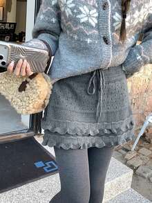 Korean Style Knitted Mini Skirt For Women, Autumn/Winter New Design, Drawstring Slimming High Waist Frill Trim A-Line Skirt - Grey - View 2