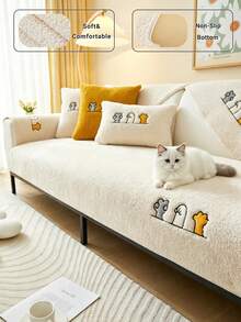 1PC Plush Cat‑Paw Embroidered Sofa Seat Cushion, Soft Fuzzy Teddy Fleece Sofa Cover, Skin‑Friendly Breathable Pet‑Resistant Furniture Protector, Machine Washable Non‑Slip Couch Pad For 1‑2‑3‑4 Seater Sofa - Beige - View 3