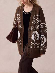 Women's Bohemian Style Knitted Cardigan, V-Neck, Button Front, Long Sleeve, Ribbed Knit Short Sweater, Suitable For Autumn/Winter Wear - Brown - View 2