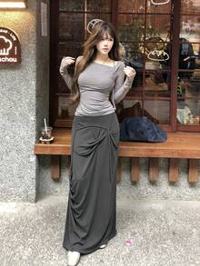 百搭百褶休閒直筒裙 - 灰色 - 查看 7