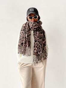 1PcVintage Leopard Print Tassel Scarf, Soft Imitation Cashmere Large Blanket Shawl, Women Autumn Winter Warm Fringe Wrap Scarf - Multicolor - View 4