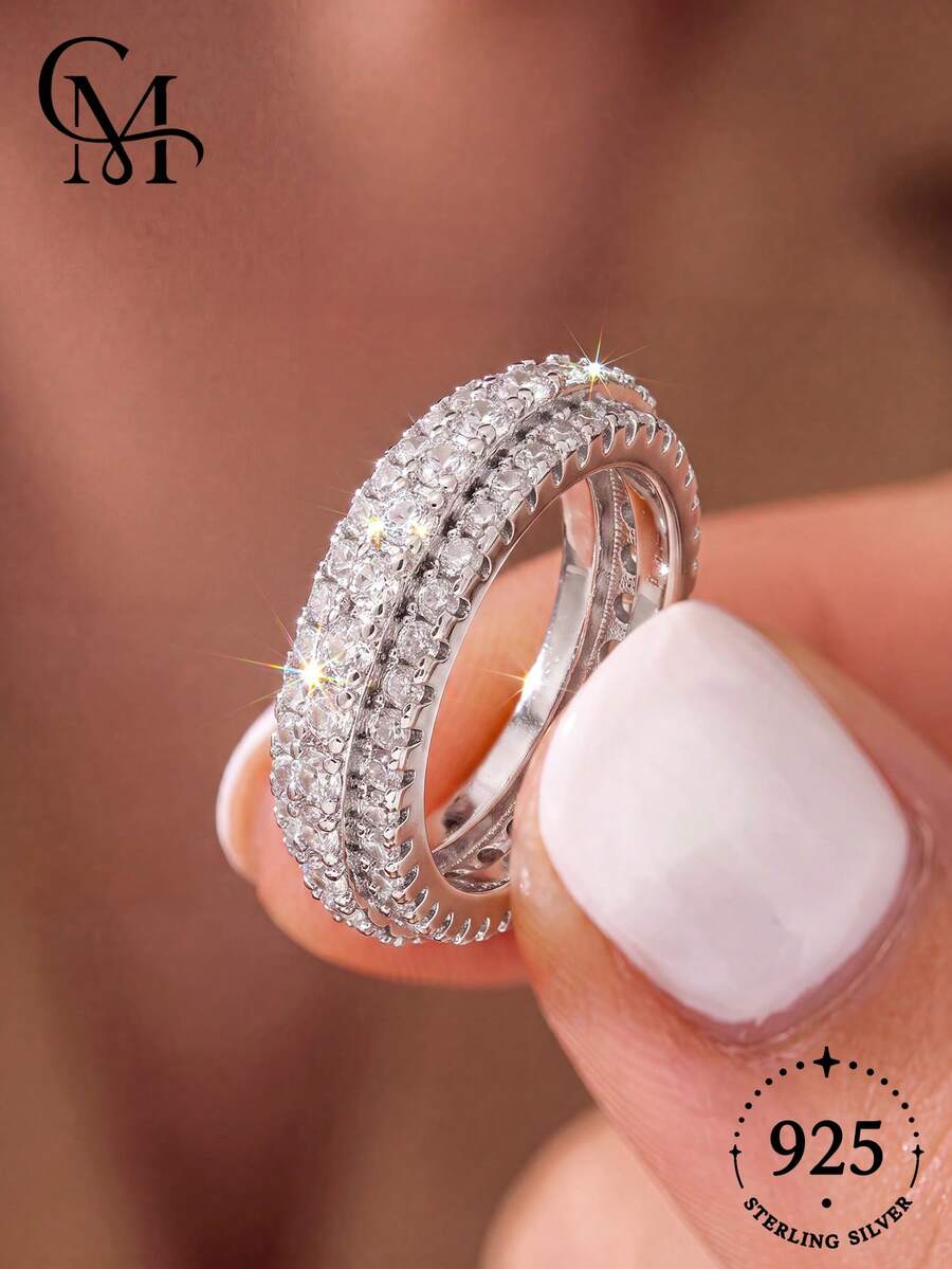 1pc S925 Sterling Silver Rhinestone Decorated Fashion Ring, Elegant Jewelry Gift