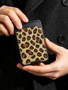 Leopard Print Shiny Diamond Phone Back Card Holder,Phone Back Wallet Pocket,Multifunctional Document Holder,Slim Portable Card Holder,For Couples - Multicolor - View 8
