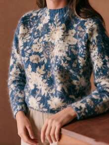 French Fresh Elegant Floral Print Round Neck Pullover Sweater Knit Top For Women - Flower - View 3