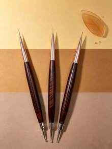 Vintage Wood‑Grip Dual‑Tip Nail Brush, Dual Metal Tips For Rhinestone Placement & Pattern Drawing - Rust Brown - View 4