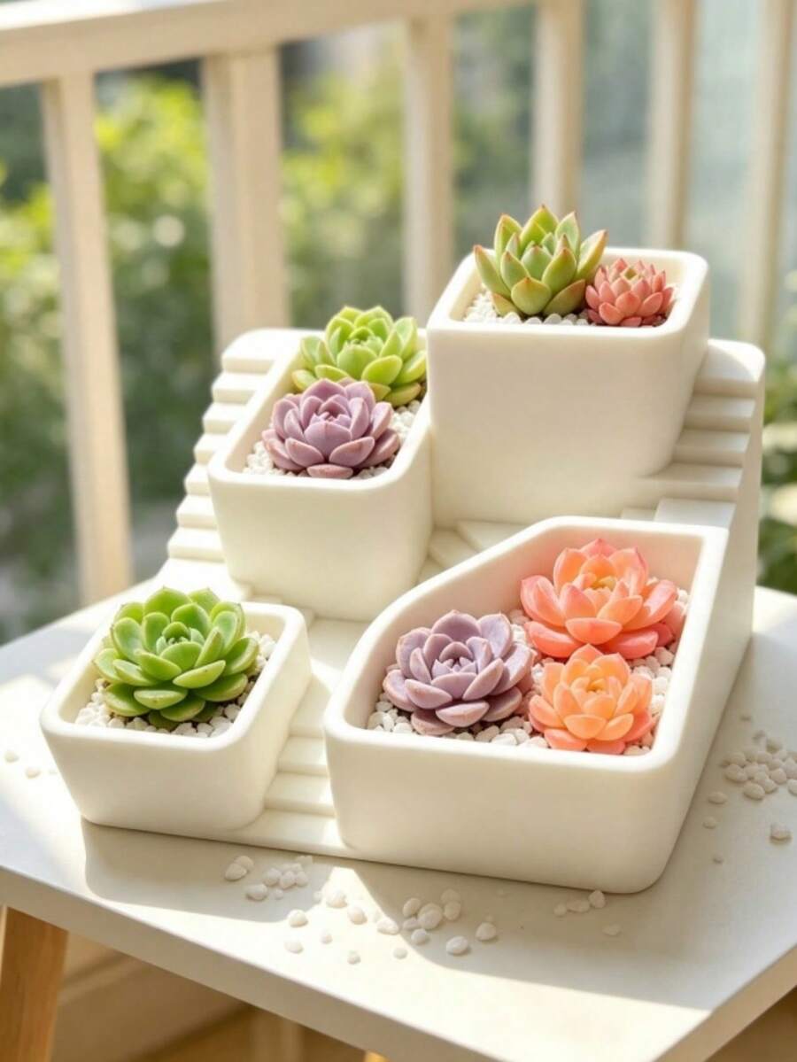 Tiered Multi-Layer Succulent Planter, Multi-Compartment White Plastic Desktop Flower Pot, Plant Pot, Flower Pot, Planting Pot, Desktop Planter, Tabletop Planter, Multi-Slot Planter, Multi-Compartment Plant Pot, Small Plant Container - Tiered Planter - View 1