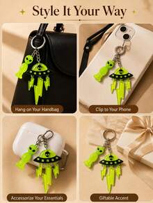 Cute Glowing Alien UFO Keychain, Fun Portable Fashion Accessory, Gift For Friends, Earphone Case, Pendant Ornament - Multicolor - View 9