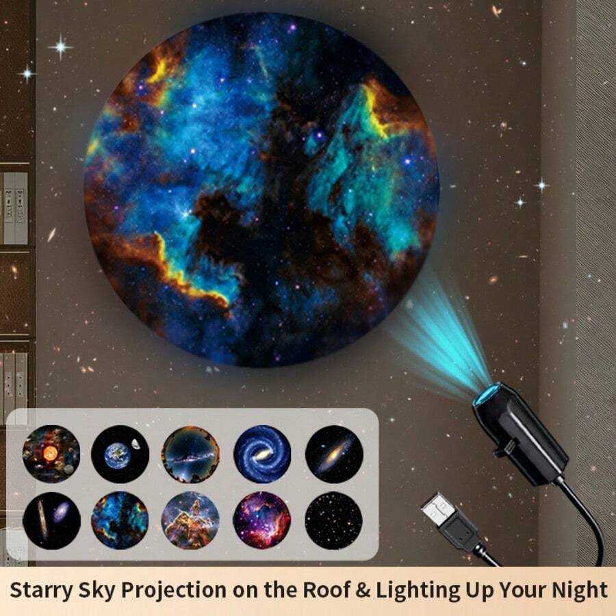 USB LED Galaxy Projector, 360° Rotating Adjustable 3/6/10 Starry Sky Patterns, Replaceable Light Slides, USB Powered, Bedroom Ceiling Starry Sky Romantic Atmosphere Decor, RV Outdoor Camping, Astronomy Education, Easter, Christmas, Valentine's Day, Birthday Gift - Plug-in Galaxy Starry Sky Projector - View 1