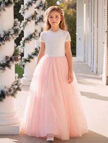 Tween Girl Colorblock Lace Contrast Mesh Backless Short Sleeve Dress Flower Girl Wedding Party Evening Gown - Pink - View 9
