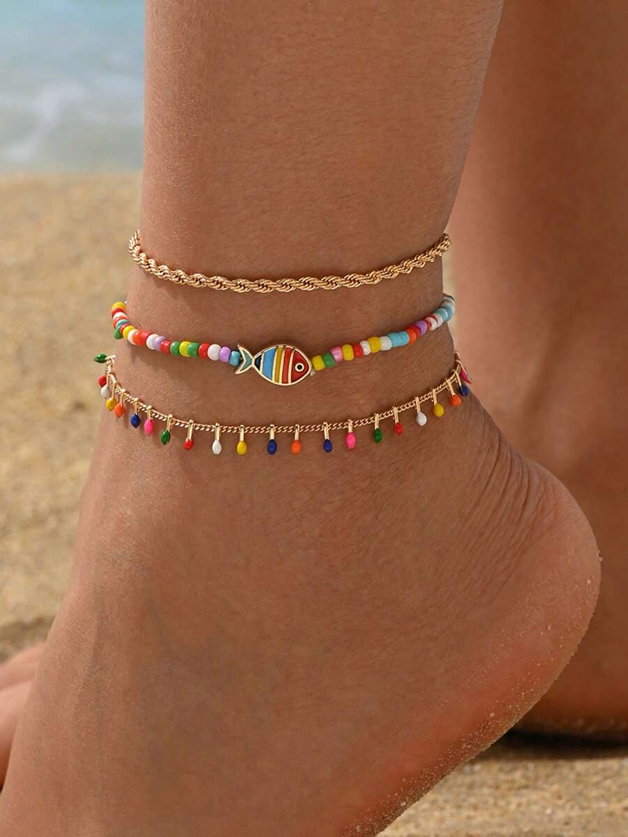 3pcs/Set Colorful Rice Bead Fish Water Drop Tassel Anklet Set, Vacation Style, Popular Versatile Women's Foot Jewelry, Suitable For Daily Wear And Vacation, Random Color Arrangement Of Beads And Tassels - Multicolor - View 1
