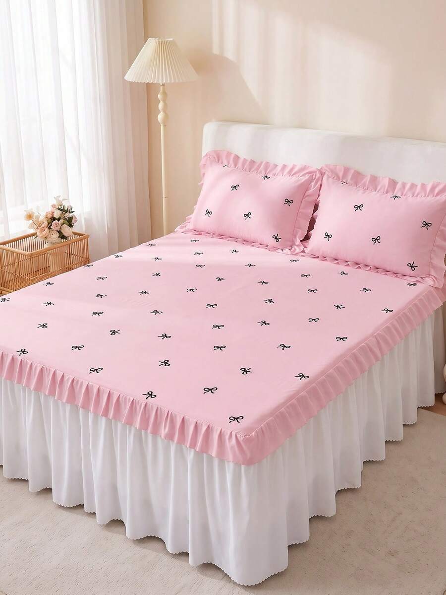 1pc Ruffle Bed Skirt, Cute Pink Bow Print Bedding, Bed Cover, Mattress Protector, Room Decor, Home Textile, Soft Breathable Comfortable Lightweight, Suitable For Twin/Full/Queen/King Size Bed, Dust-Proof Anti-Slip, All Season, Machine Washable