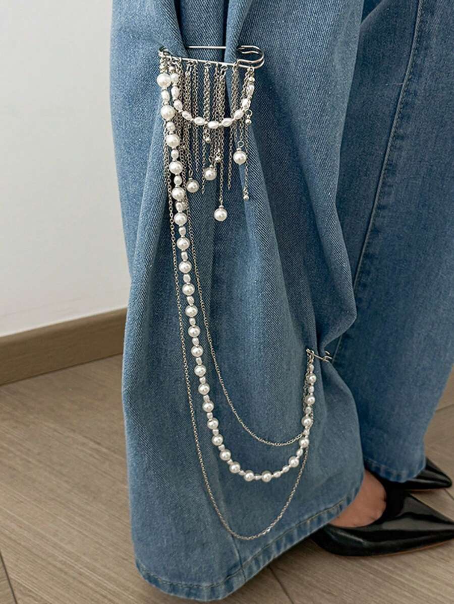 2pcs Faux Pearl Bow Hem Chain Decoration Fashion Metal Brooch Pants Shortening Accessory Versatile Multi-Function Women's Brooch Pin - White Pearl - View 1