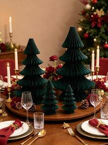 2pcs Green Paper Honeycomb Christmas Trees, Holiday Tabletop Decor, Party Decoration And Gift, Suitable For Christmas Table Display, Centerpiece And Home Or Room Decoration - Green - View 1