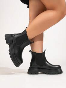 Women's Wide Shaft Chelsea Boots, Thick Sole Mid-Calf Boots With Dual Elastic Bands, British Style Wide Leg Platform Gear Sole Boots, Autumn/Winter - Black Short - View 5