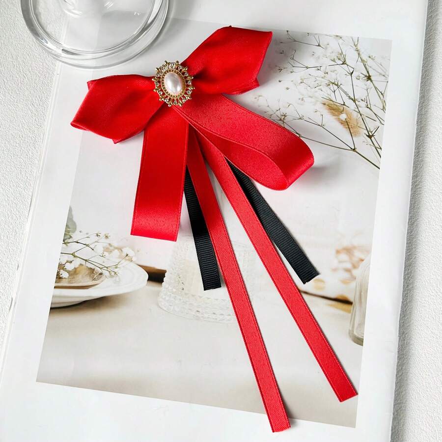 1pc Women's Elegant Exquisite College Style Crystal Decor Accessory, Solid Color Bowknot Ribbon Pin, Can Be Worn On Shirts And Dresses For Daily Wear, Backpack Commute Outfit, Banquet Party Wear, Holiday Gift - Red - View 1