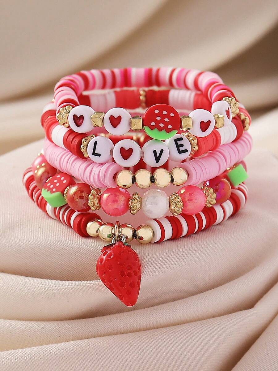 5pcs Bohemian Cute Sweet Pastoral Versatile Fashion Handmade Beaded Soft Clay, CCB, Letter, Strawberry Pendant, Layered, Elastic, Multi-Layer, Beaded Bracelet Set Suitable For Women Music Festival, Party, Bar, Large Gathering Perfect Gift, Gift For Friends And Family, All Seasons, Travel, Photography, Casual, Vacation Daily Wear - Multicolor - View 1