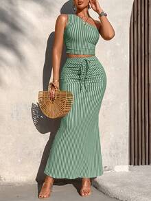 AIJ Women's Green Striped 2 Pieces Set, One-Shoulder Crop Top + Drawstring Ruched Fishtail Long Bodycon Skirt, Suitable For Beach Vacation, Dating, Outing, Party And Holiday Wear - Mint Green - View 5