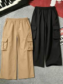 2pcs/Set Street Style Boys Solid Color Wide Leg Cargo Pants, Multi-Pocket Elastic Waist School Uniform Long Pants - Multicolor - View 3
