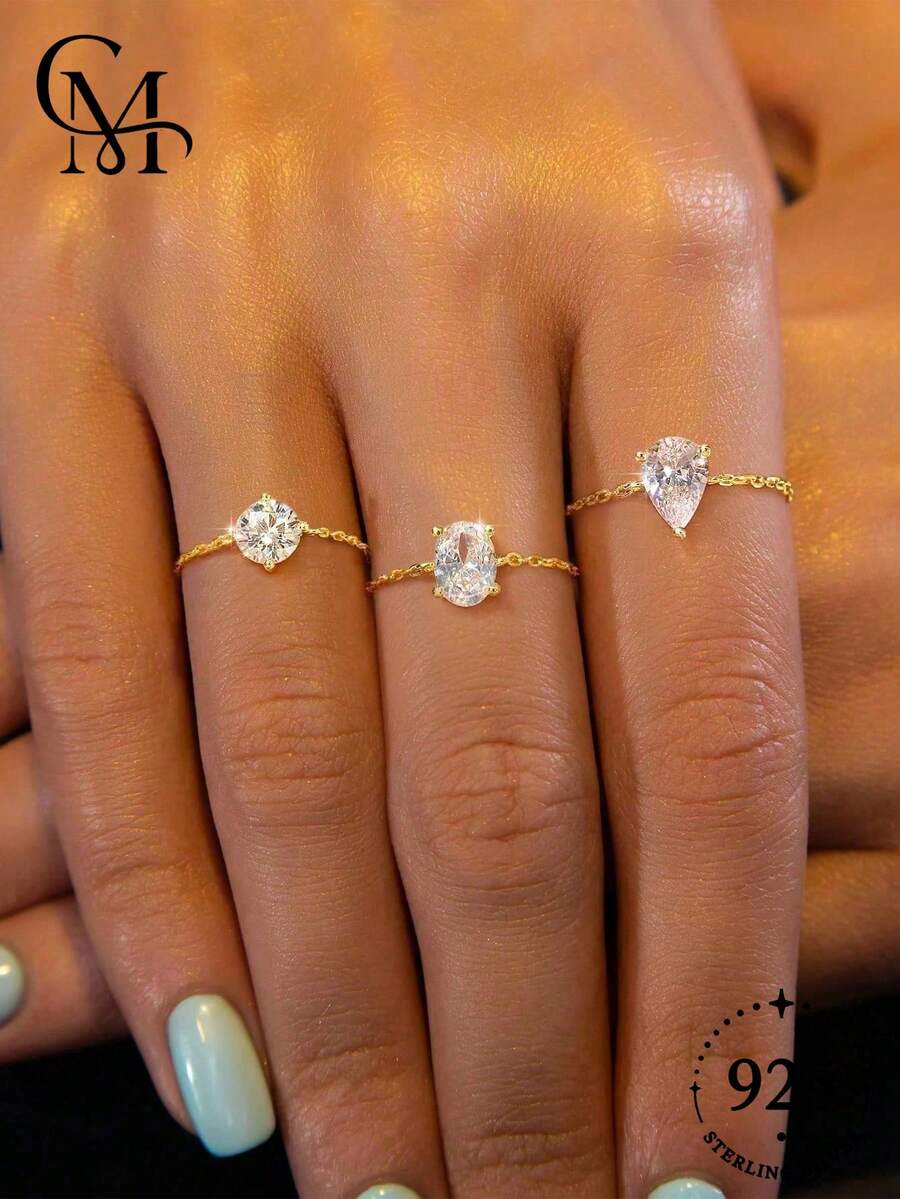 1 pieza Anillo de pulgar ajustable con cadena única de circonita, joya exquisita de plata de ley 925 como regalo para mujeres - Dorado - Ver 1