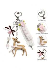 1pc INS Style Deer Keychain, Kawaii Lace Bow Bag Charm, Sakura Flower Pendant, Coquette Aesthetic Key Ring, Fairycore Backpack Charm - Multicolor - View 4