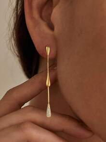 Women's Elegant Long Linear Dangle Earrings, Sparkling CZ Pave Pendant Earrings, Long Chain Earrings, Suitable For Wedding, Party, Date, Daily Wear, Gift - Gold - View 8