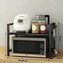 Adjustable Microwave Rack, Expandable Kitchen Stand With 6 Hooks For Microwave Toaster Oven, Space Saving Countertop Shelf, Metal Black - View 9