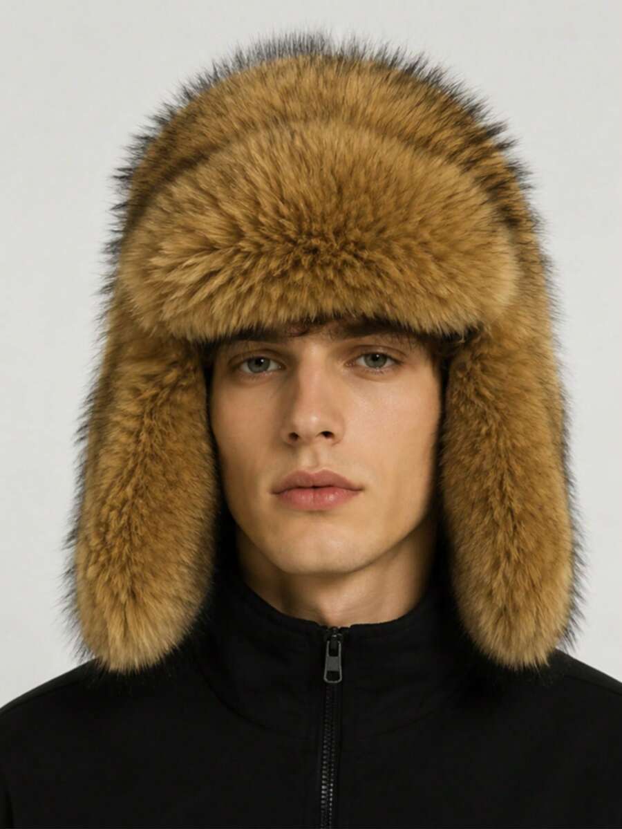 1pc Unisex Winter Faux Fur Warm Hat Outdoor Windproof Thickened Earflap Cap Snow Lei Feng Hat - Ushanka - View 1