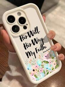1pc Minimalist Artistic Handwritten English Religious Faith Slogan Watercolor Floral Pattern Thick Anti-Drop Full Coverage Soft Phone Case Compatible With Iphone 11/12/13/14/15/16/17 Pro Max - Multicolor - View 1