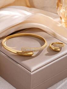 rakol 2pcs Minimalist Nail-Shaped Cubic Zirconia Bracelet And Ring Set - Jewelry Set - View 5