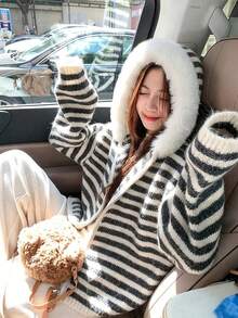 Women's Autumn/Winter Loose Slouchy Colorblock Striped Hooded Knit Cardigan Sweater Jacket With Fur Collar - Dark Grey - View 1
