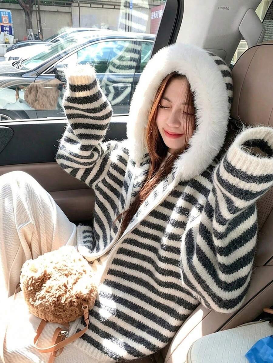 Women's Autumn/Winter Loose Slouchy Colorblock Striped Hooded Knit Cardigan Sweater Jacket With Fur Collar - Dark Grey - View 1