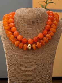 OABE 2pcs/Set Bohemian Style Orange Beaded Necklace Set With Round And Oval Beads Suitable For Women's Daily Wear - Orange - View 3