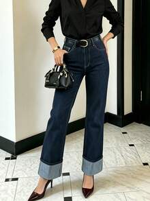 Women's High Waist Straight Leg Jeans, Dark Blue Cuffed Hem Denim Pants, Slim Fit Commuting Casual Versatile Style Fall - Dark Wash - View 5