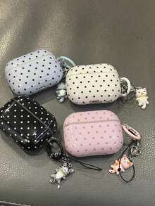 Pink Polka Dot Minimalist Design Earphone Case + Heart Cat Chain Strap Set Compatible With Apple Pro 2/ Pro/ 4/ 3/ 2 - White - View 2