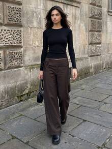 Women's Casual Straight Leg Side Tie Pants, Suitable For Daily Wear, Going Out And Dating - Coffee Brown - View 1