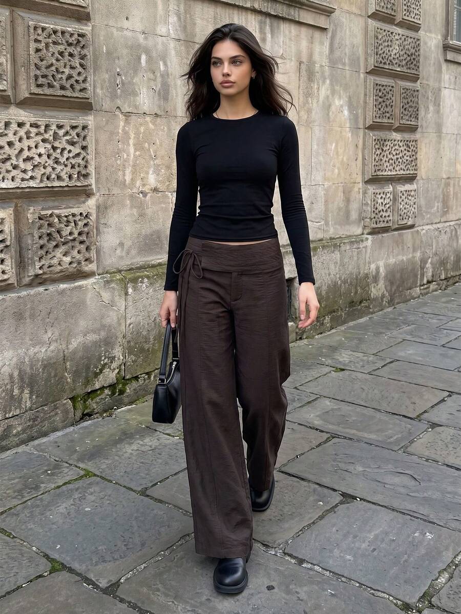 Women's Casual Straight Leg Side Tie Pants, Suitable For Daily Wear, Going Out And Dating - Coffee Brown - View 1