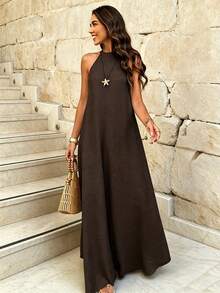 Brown Backless A-Line Dress, Bohemian Style, Spring/Summer Beach Vacation & Daily Wear Elegant, Vacationcore - Volcanic Gray - View 2