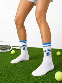2 Pairs Fun Couple #23 Printed Tennis Mid-Calf Socks, Blue & White Striped Ribbed Cuff Calf Socks, Soft Skin-Friendly Elastic Retro Collegiate Style Training Socks - Blue - View 7
