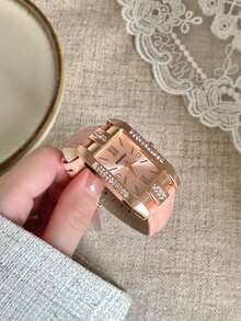 1件女款橢圓羅馬數字休閒優雅石英手錶，適合日常配戴 - 粉色 - 查看 3