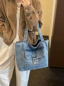 Fashionable Textured Large Capacity Denim Tote Bag, Casual Convenient Versatile Women's Handbag, Daily Commute Shopping Travel Shoulder Bag - Multicolor - View 8