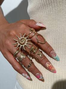 14/8/6pcs Bohemian Elegant Fashion Old Money Style Sunflower Floral Geometric Faux Pearl Ring Set Beach Vacation Daily Women Accessories - Yellow Gold - View 6