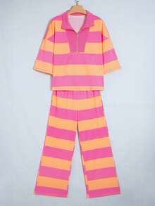 Acelitt Women's Rose Red & Orange Wide Stripe Half-Zip 3/4 Sleeve Top And Wide Leg Pants Loungewear Set - Multicolor - View 3