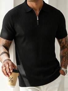 Men's Summer Fashion Classic Ribbed Zipper Polo Collar Short Sleeve Knit Sweater, Essential Summer Wardrobe Knit Top - Black - View 6