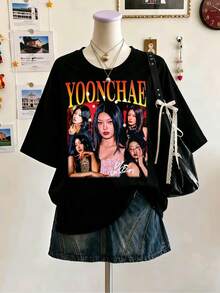Katseye Yoonchae Fan Tee Unisex Cotton Short Sleeve T-Shirt, Vintage Bootleg Style,Graphic Portrait With Red Lightning Bolt Design, Casual,Streetwear. - 黑色 - 查看 1